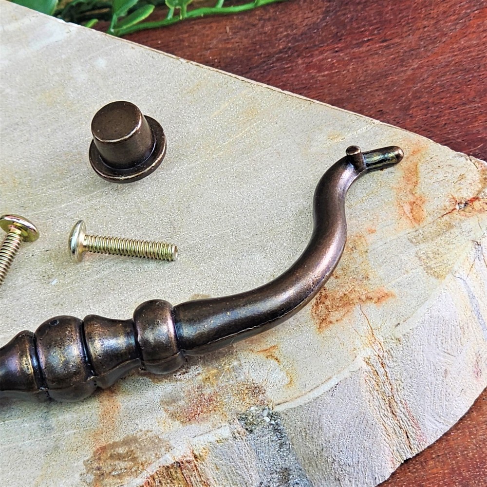 VTG Solid Brushed Antique Brass Drawer Pull Handle and Knobs Swan Neck Hardware