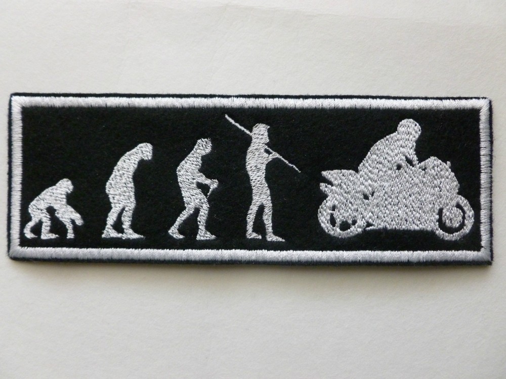 BIKER PATCH Evolution from Ape Monkey to Motorcycle Rider 5-1/2"x2" Black White