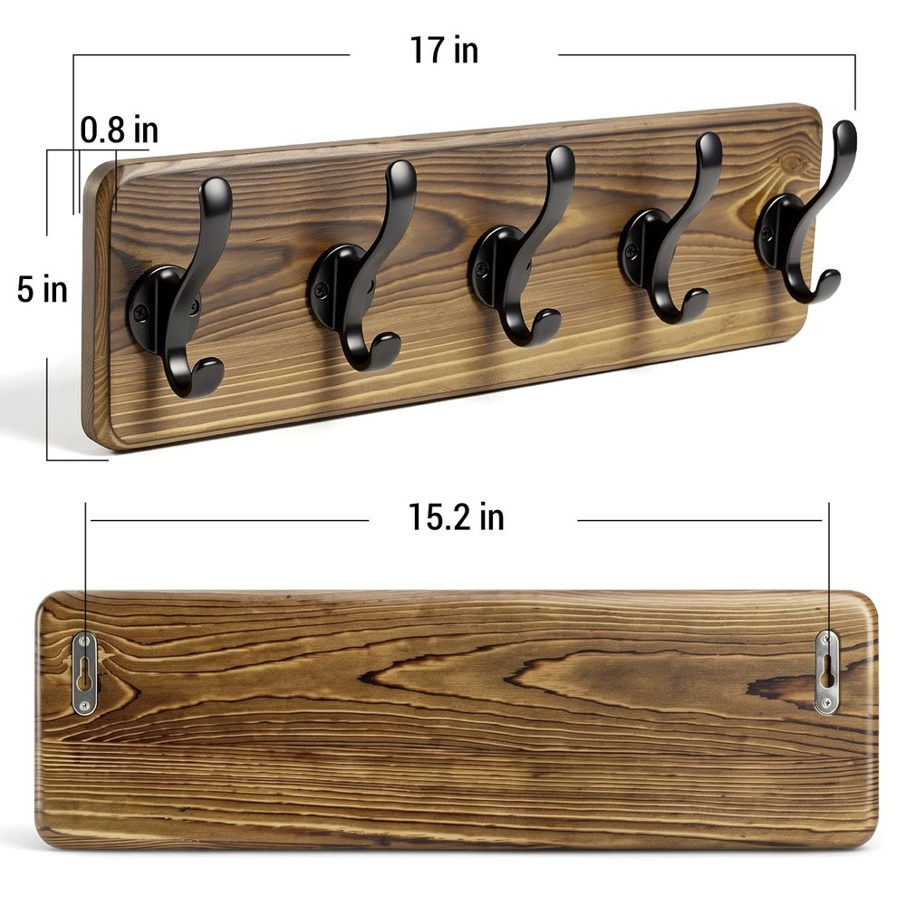 17" Coat Rack Wall Mount, Rustic Wall Mounted Coat Rack, Pine Solid Wood Coat...