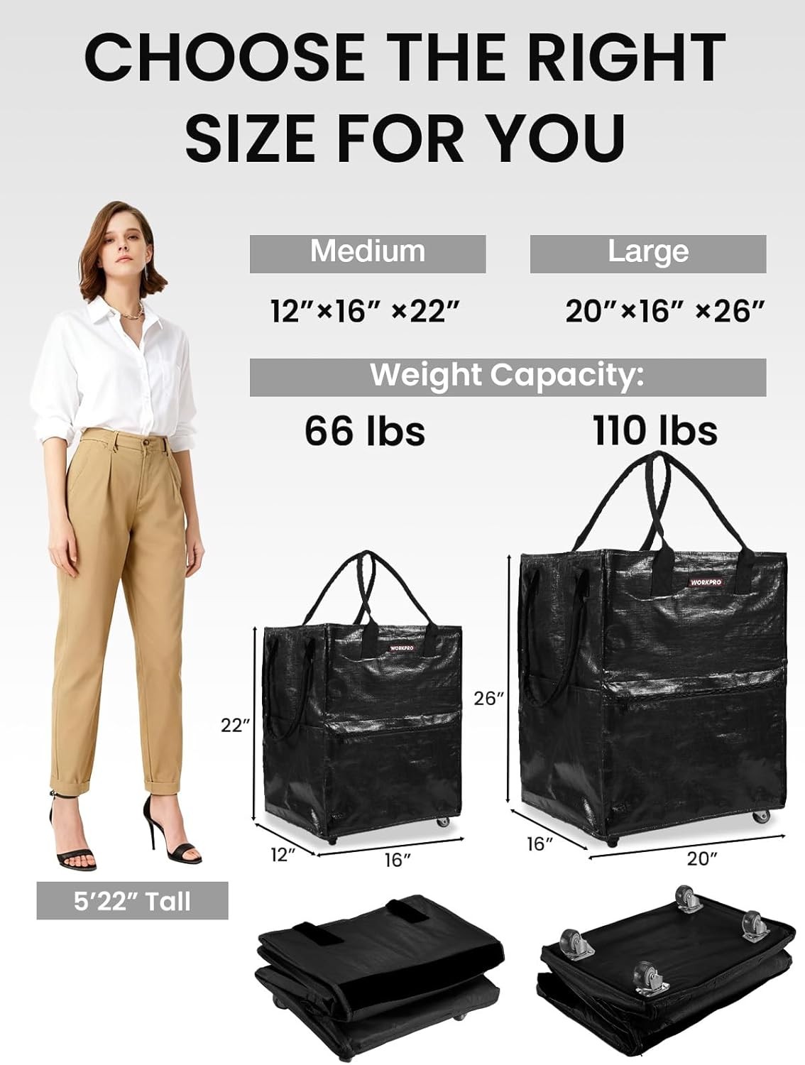 WORKPRO 36-Gallon Large Rolling Grocery Bag Tote 5 Wheels Dual Carry Storage Bag