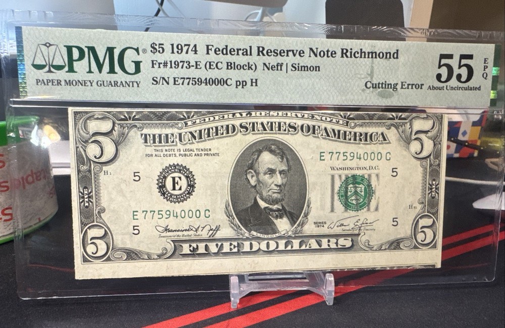 😀 ERROR Note:  1974 $5 FRN  CUTTING ERROR  (RICHMOND)  PMG 55EPQ