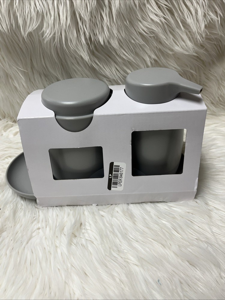 Room Essentials~ 3pc Lavender Bath Bundle Set: Soap Tray & Pump & Canister