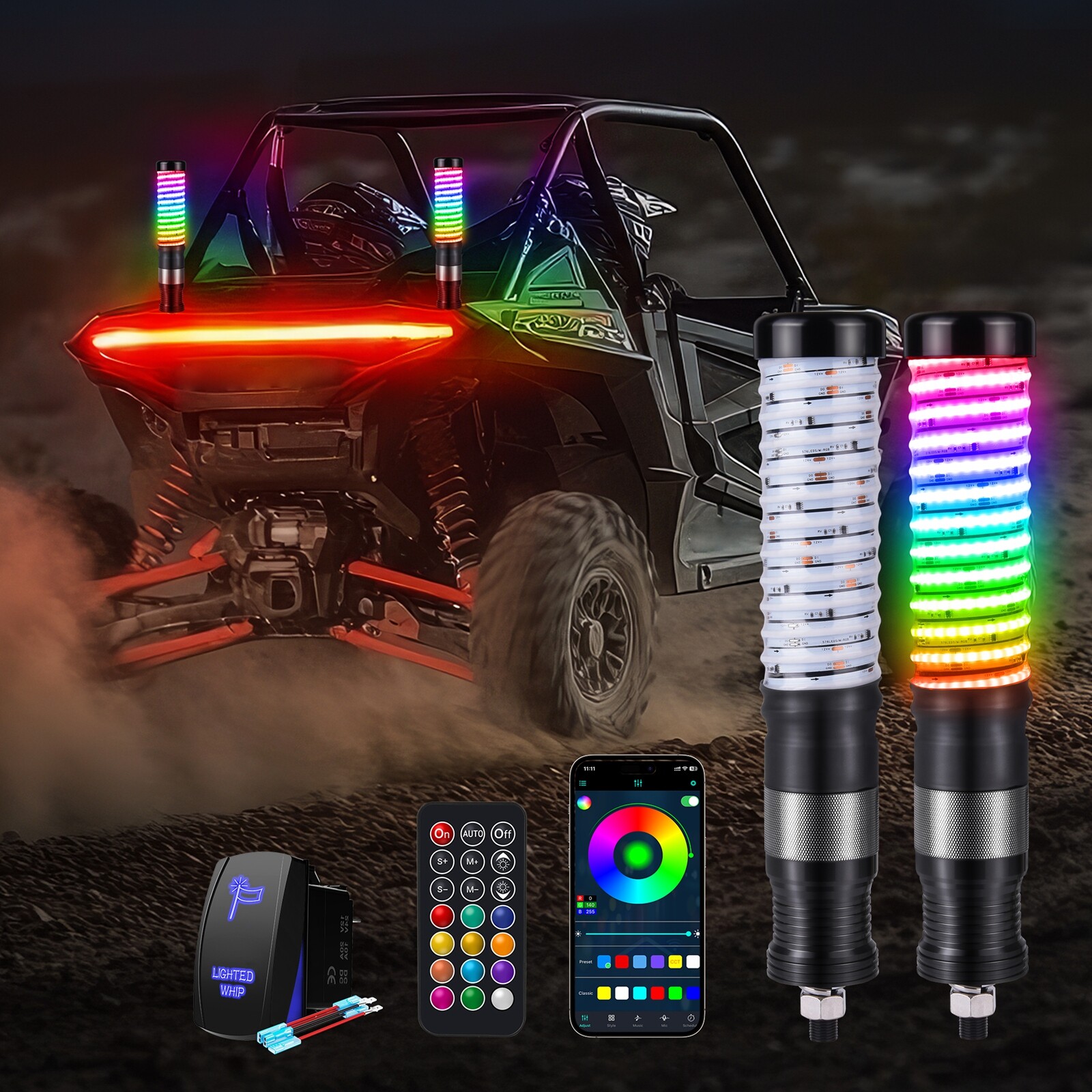 2pcs 1FT COB Fat Whip Light,RGB+IC Chasing Antenna Whips for ATV UTV SXS RZR