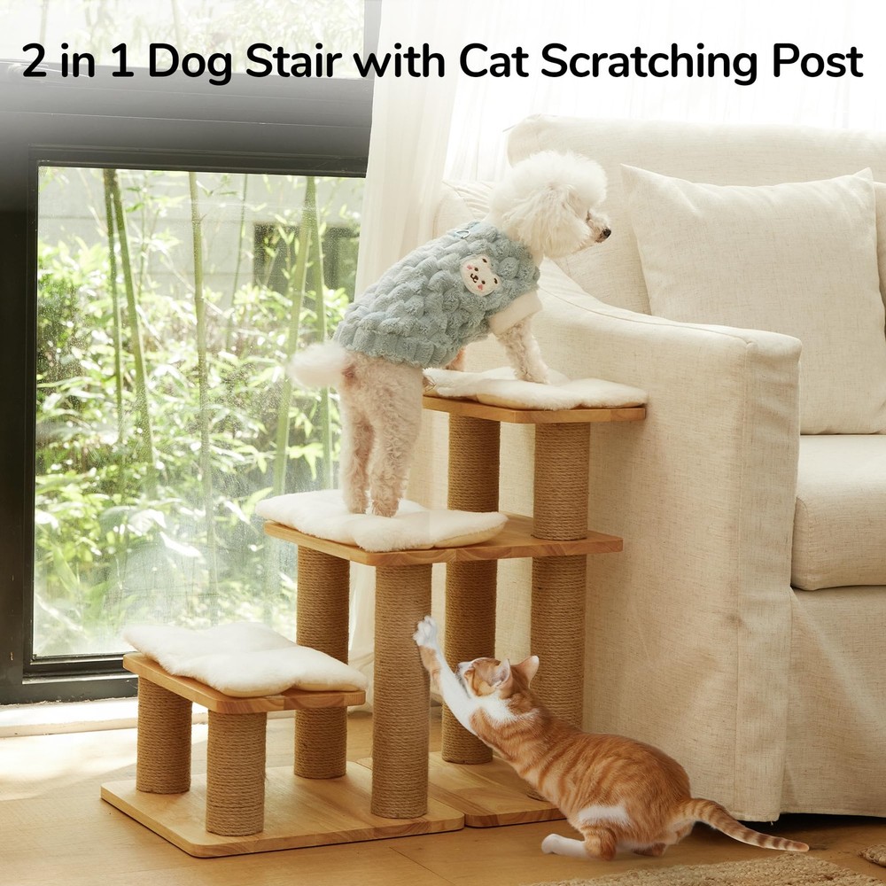 Dog Stairs, Solid Wood Pet Stairs with Cat Scratching Post, Transformable Cat...