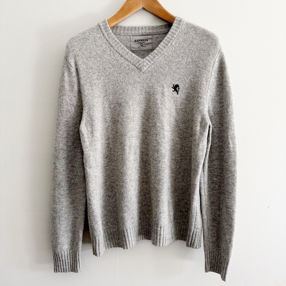Express Men’s Wool Grey V Neck Knit Pullover Sweater Large