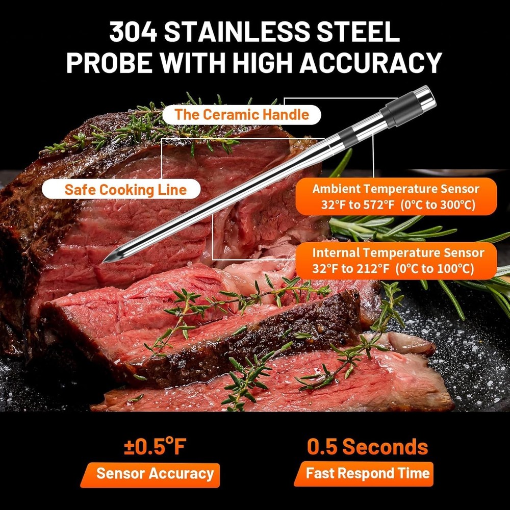 Wireless Meat Thermometer with Smart Timer & APP Control, 800ft Bluetooth Gri...