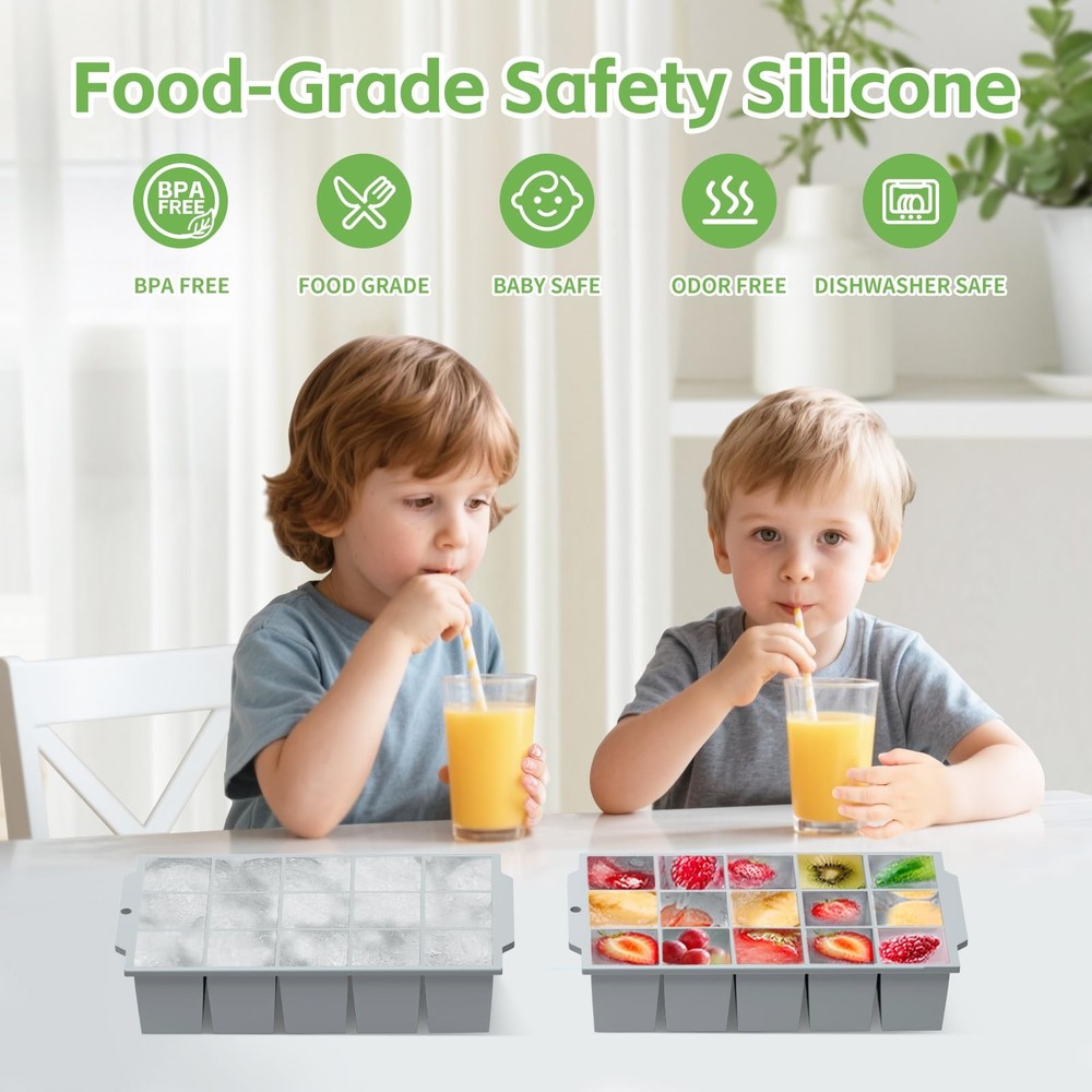 MEIJO Silicone Ice Cube Tray with Locks Lids, Easy Release Medium, Gray