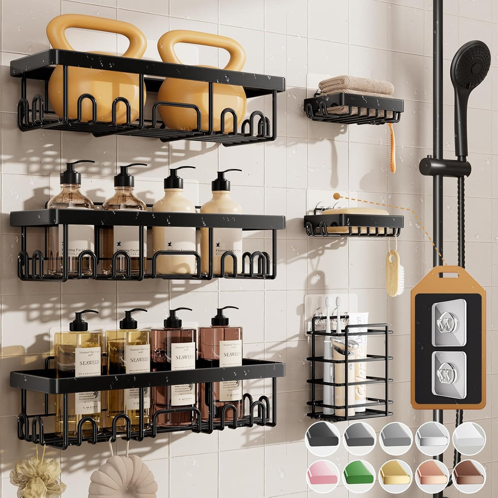 Shower Caddy 6-Pack Advanced Rustproof Design No Drilling Adhesive Shelves