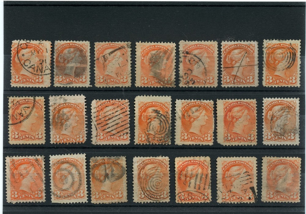 21 x 3 cent Small Queens lot various cancels Canada used