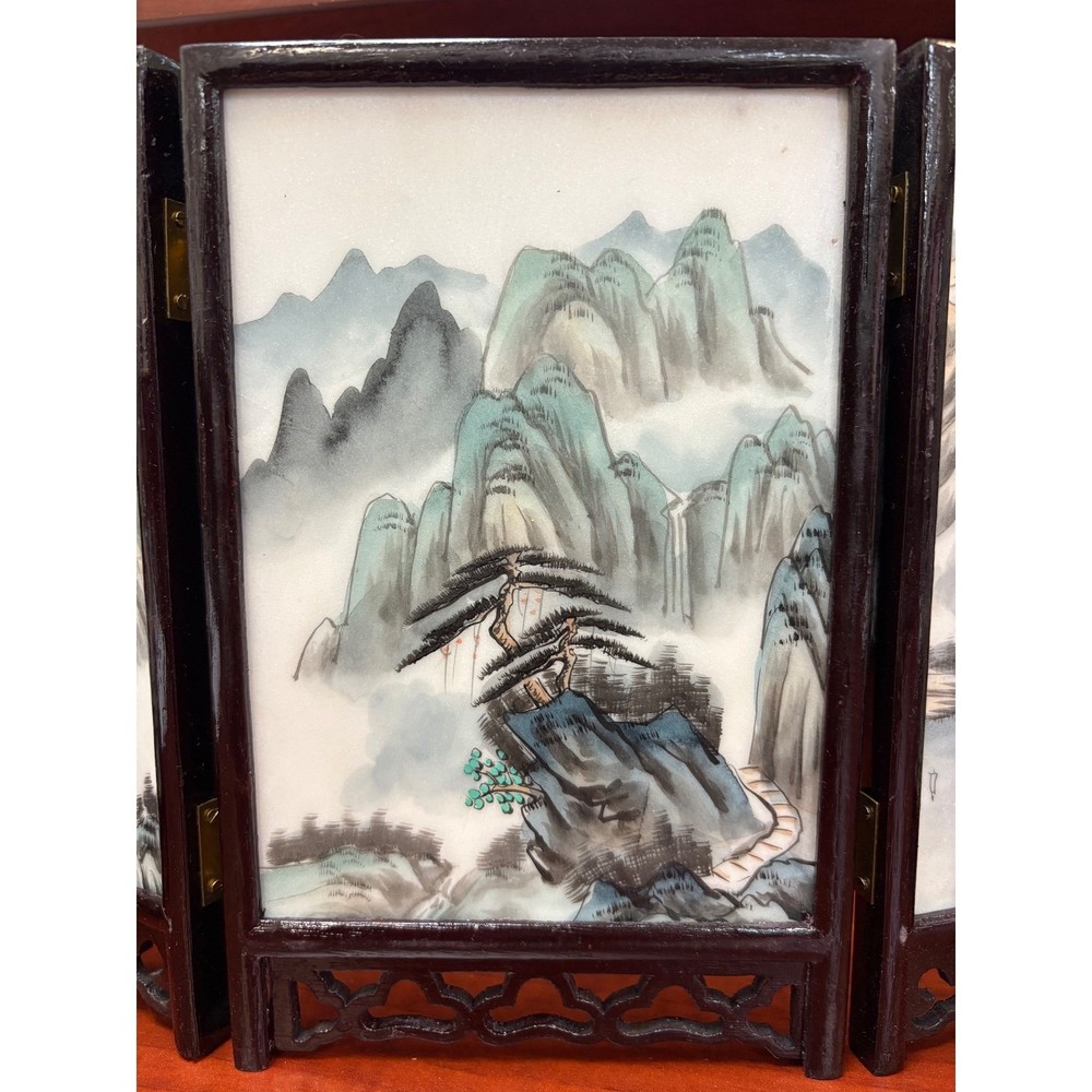 Vintage Chinese Marble Panel Folding Table Screen 5 Panel Wood Frame