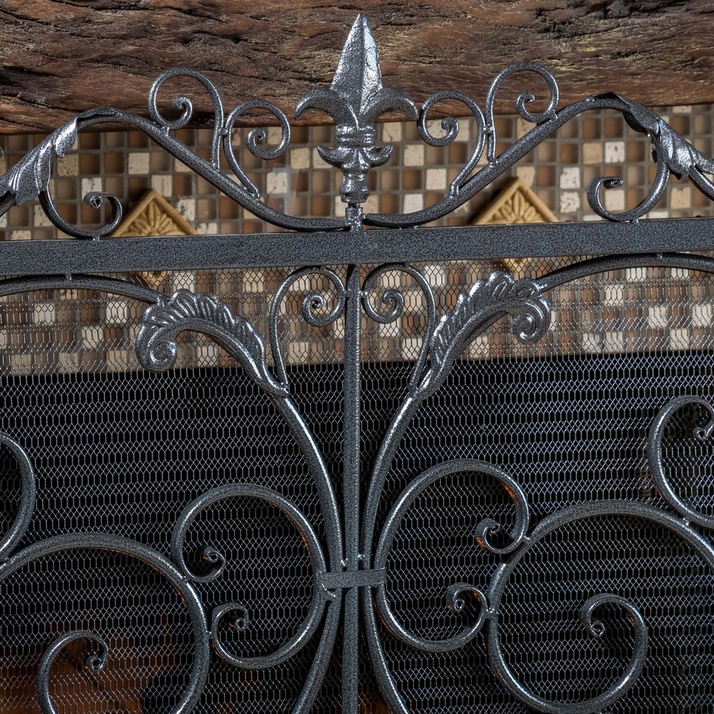 Black Silver Fireplace Screen Panel Stand Wrought Iron Mesh Victorian Scrollwork