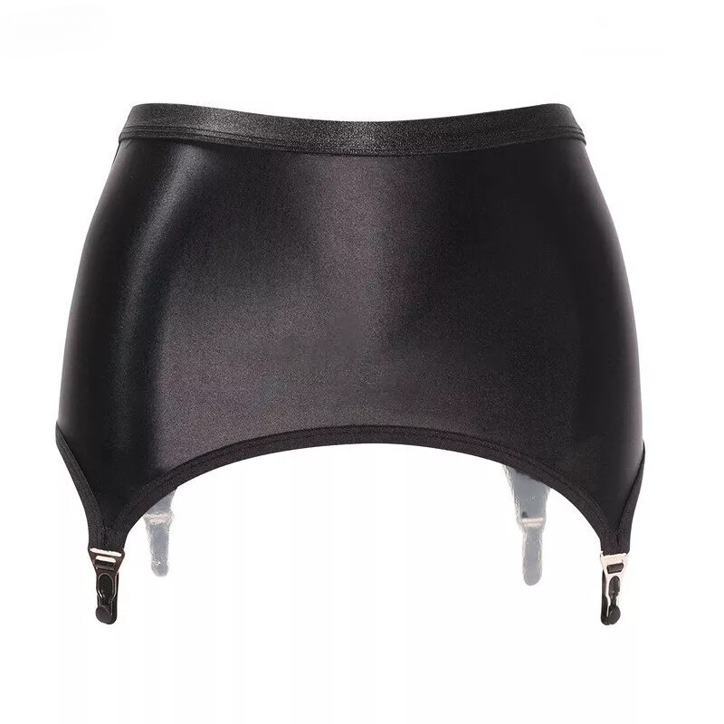 NEW Fashion Black Garter Oily Glossy Stretchy Skirt with 4 Straps Suspender Belt