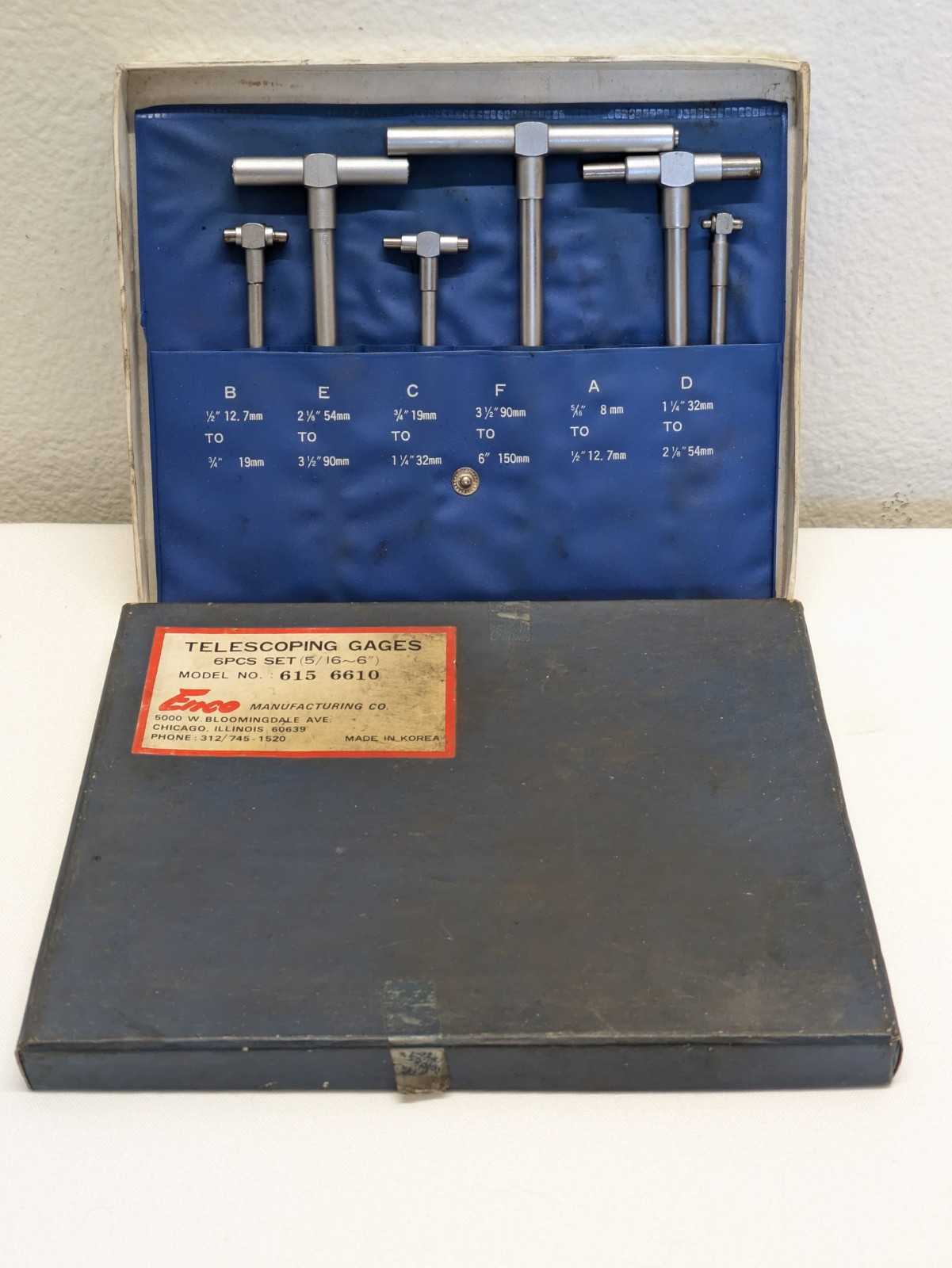 Machinist 615 6610 Enco 6 Piece Telescoping Gage Gauge Set A thru F 5/16" to 6"