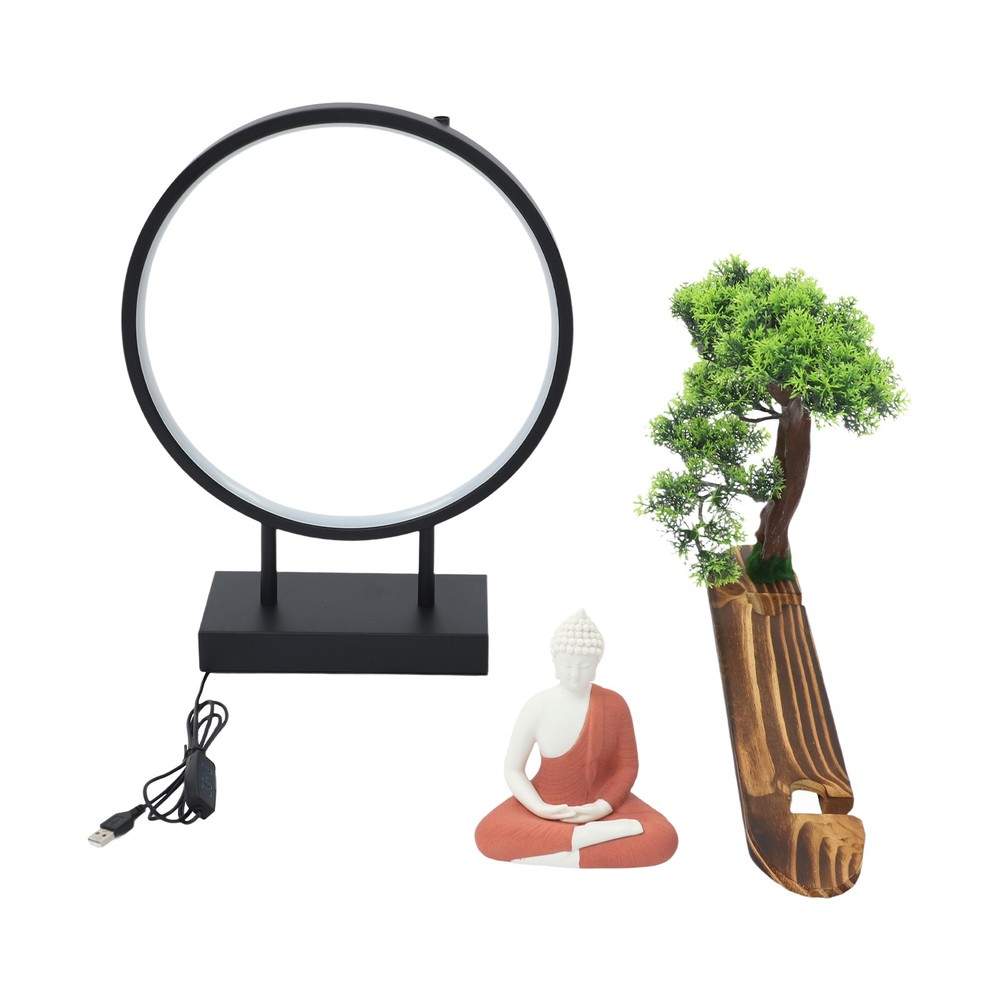 Buddha Statue Circle Lamp Tabletop LED Lighting Light with Green Artificial Tree