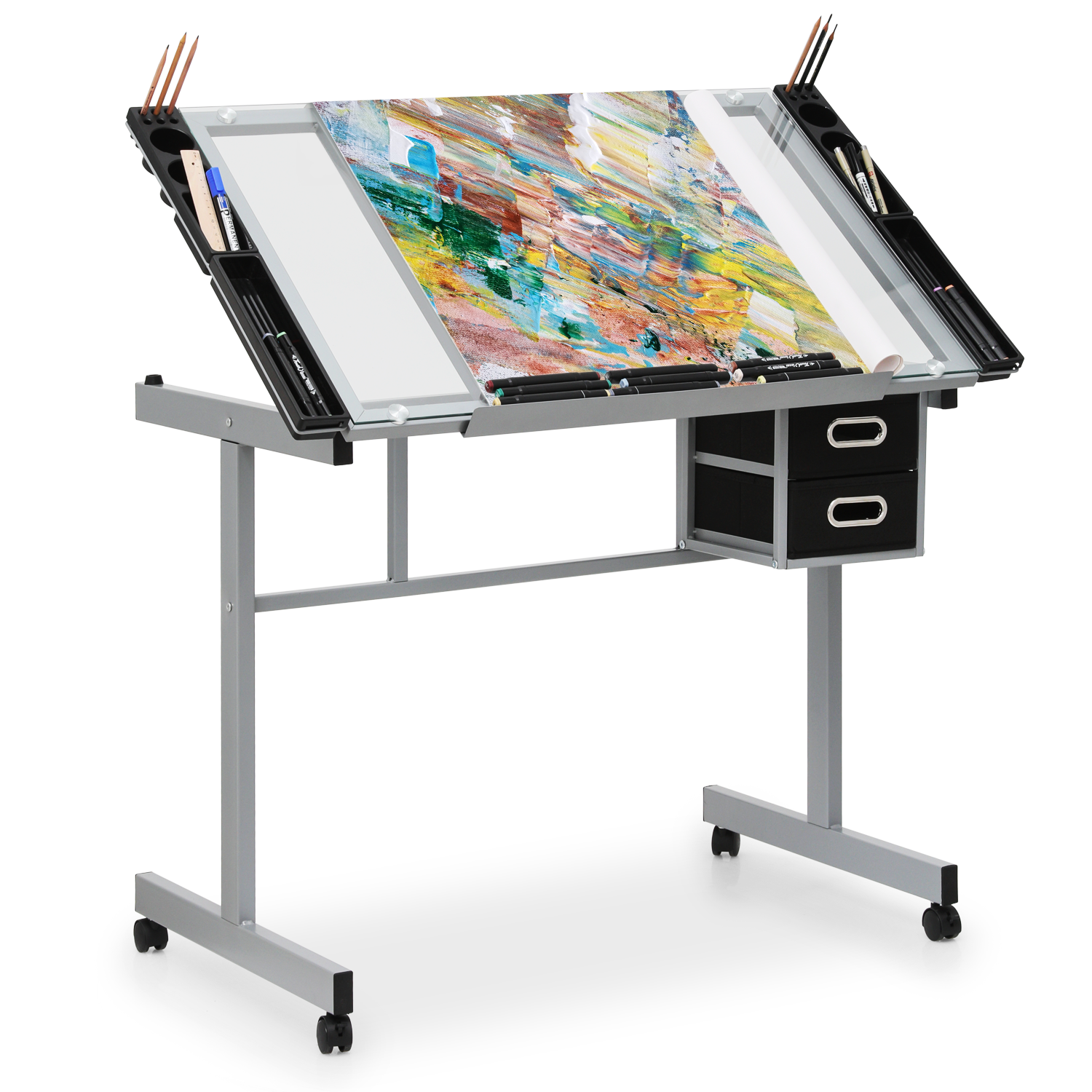 Adjustable Rolling Drafting Table Tempered Glass Tabletop Painting Work Station