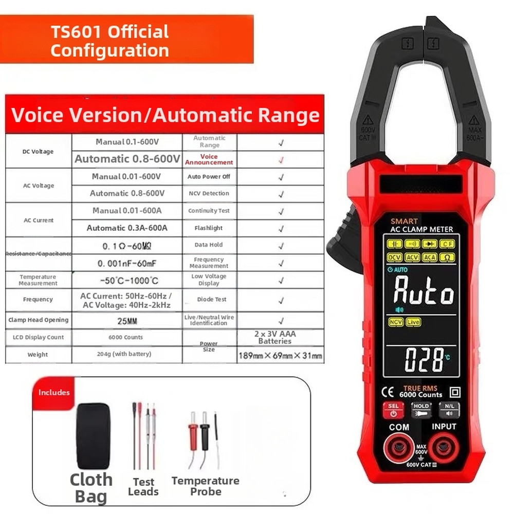 TS601 Fully Automatic Clamp Meter for AC DC Voltage Current Resistance Temp