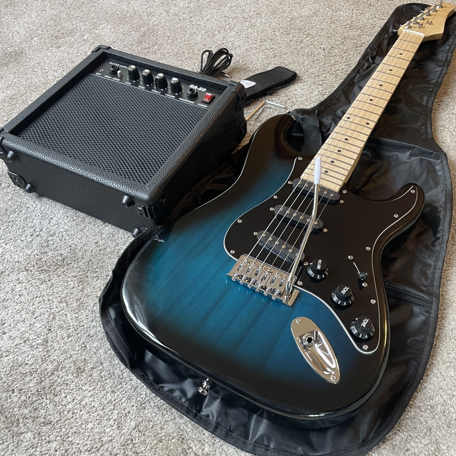 Blue Electric Guitar Starter Package with 20-Watt Amp and Accessories Full-Size