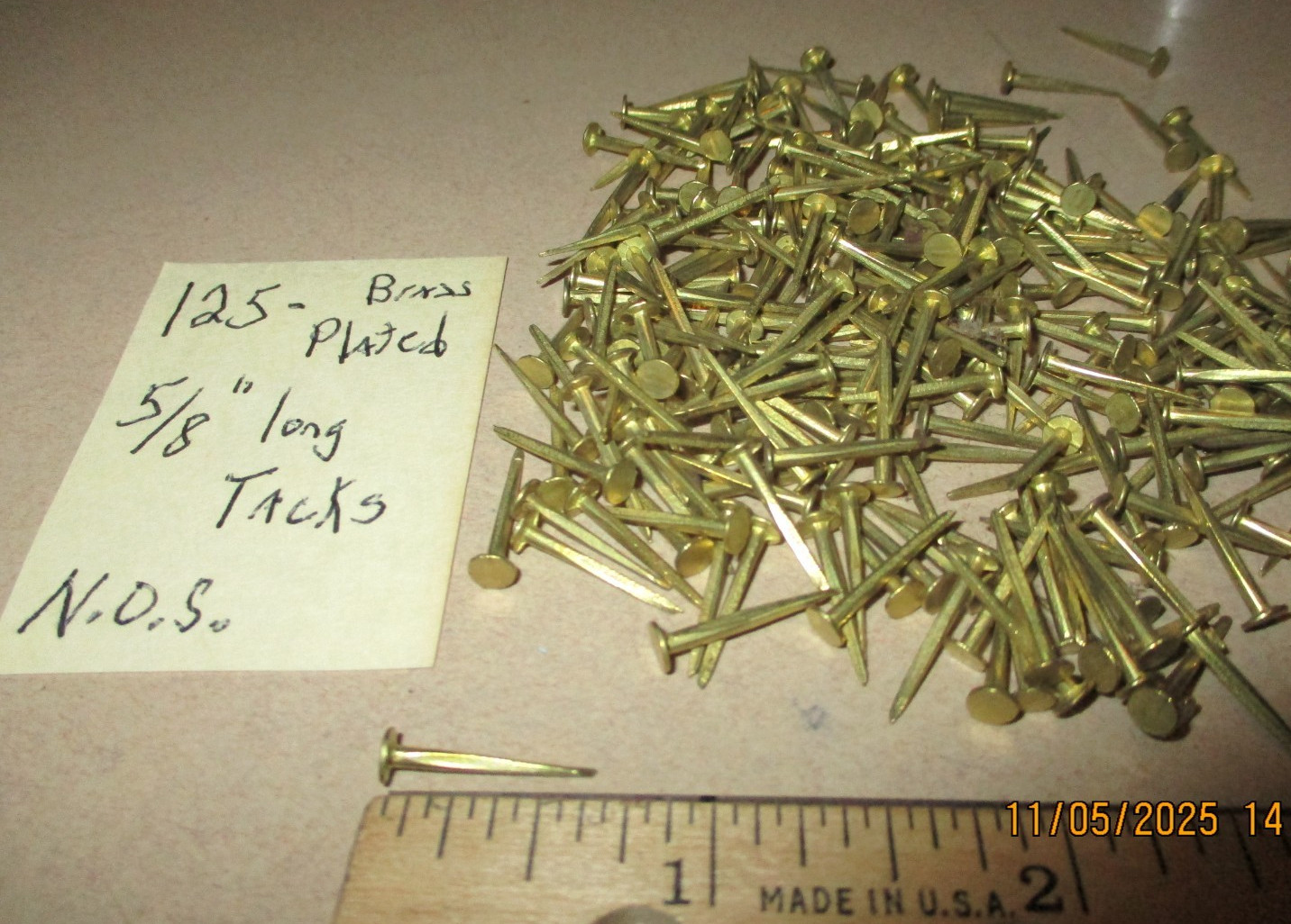 125 VINTAGE 5/8" LONG  BRASS PLATED CANOE TACKS-SHARP NAILS 11/64” FLAT HEAD
