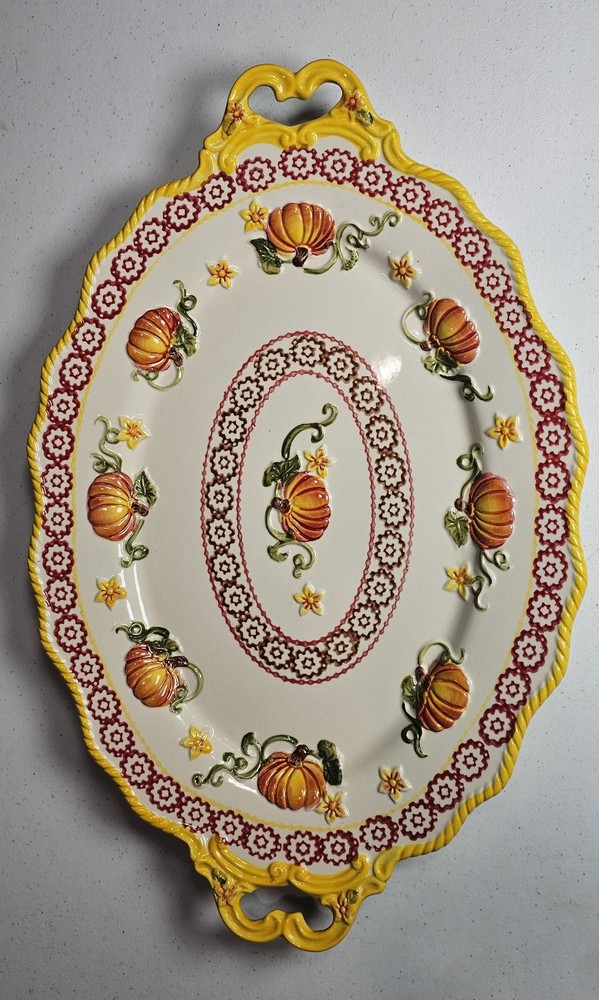 Temp-tations Old World Pumpkin Patch 18.5" Oval Handled Platter Serving Tray