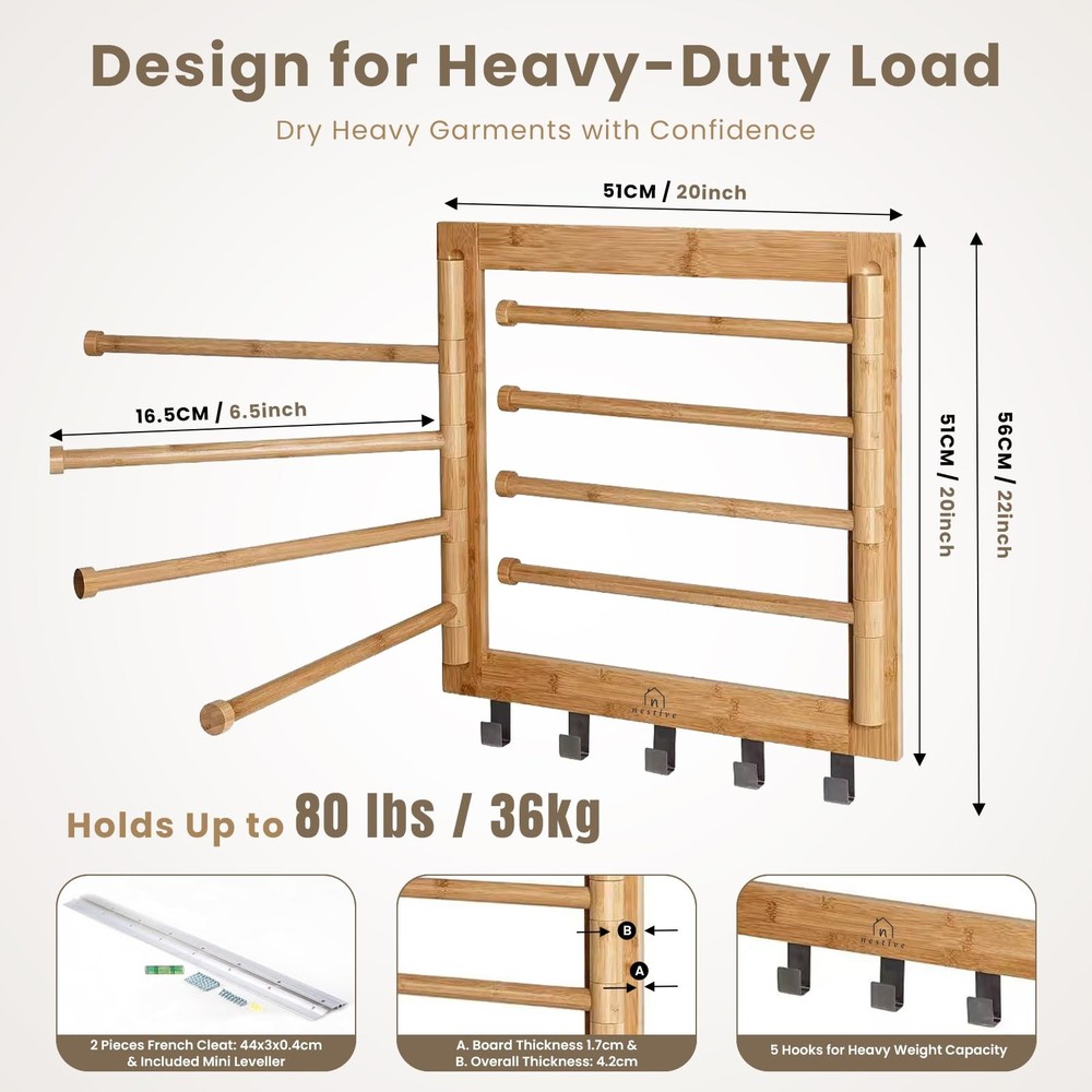 Bamboo Wall Mount Drying Rack for Laundry – Collapsible Foldable Clothes Drye...