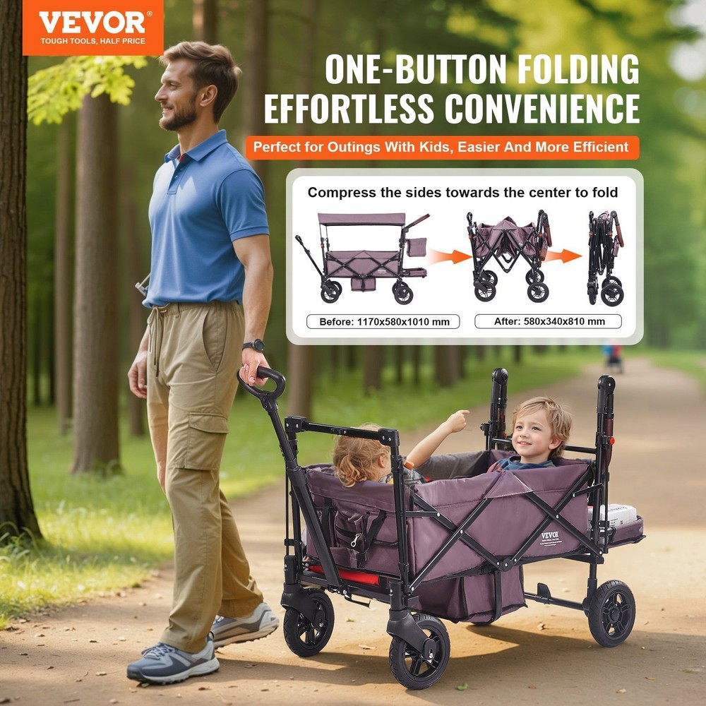 Wagon Stroller for 2 Kid Push Pull Quad Collapsible Stroller w/Adjustable Handle