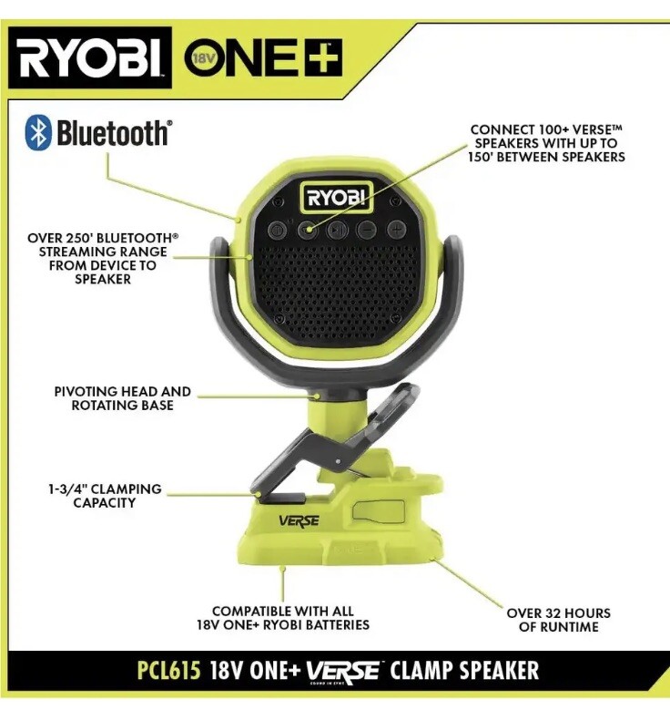 RYOBI ONE+ 18V Cordless VERSE Clamp Bluetooth Speaker (Tool Only)