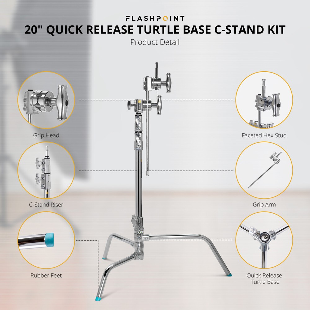 Flashpoint 20" Quick Release Turtle Base C-Stand Kit, Grip Head Arm (Chrome)