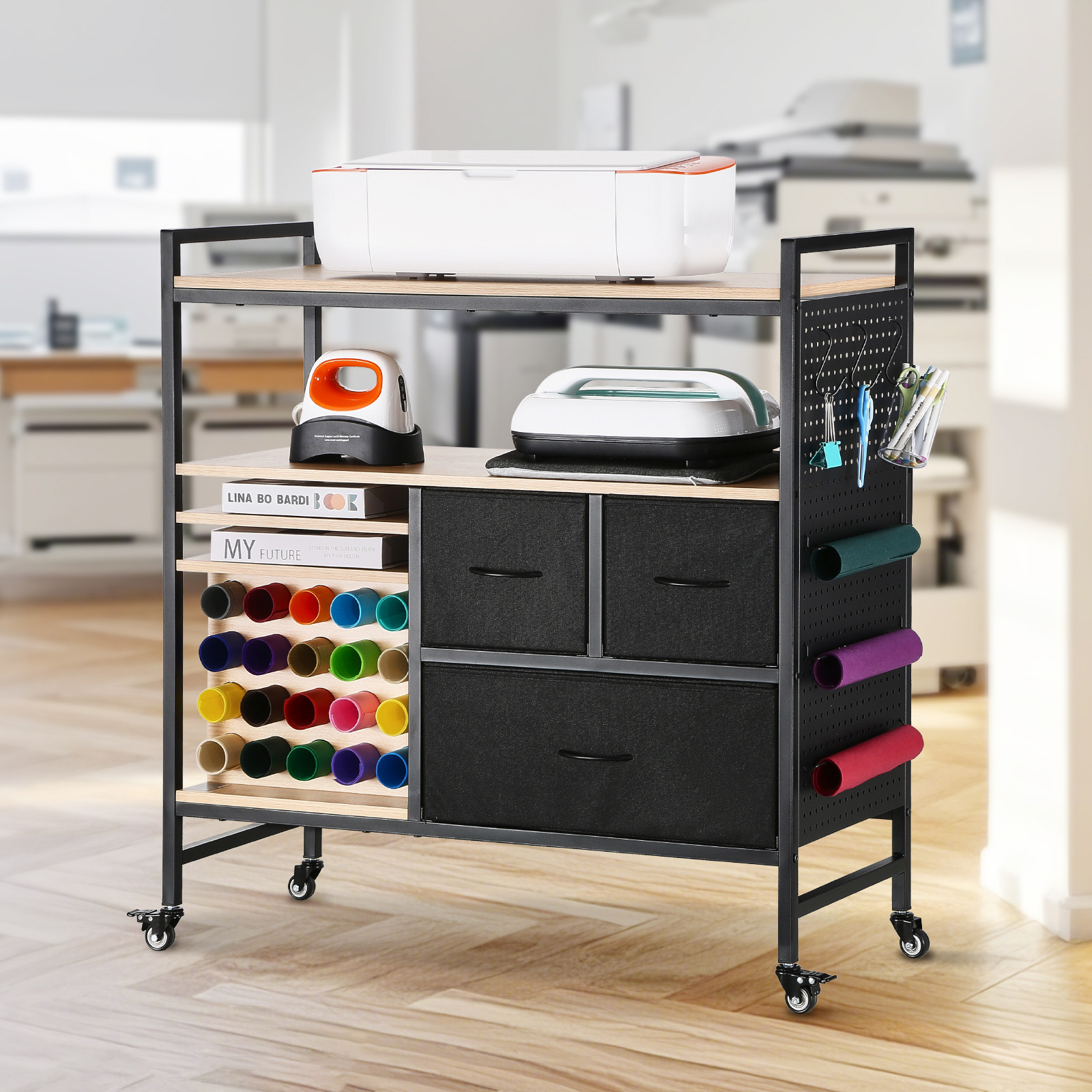 Rolling Craft Cart and Storage Table with 20 Vinyl Roll Holders 3 Drawers Black