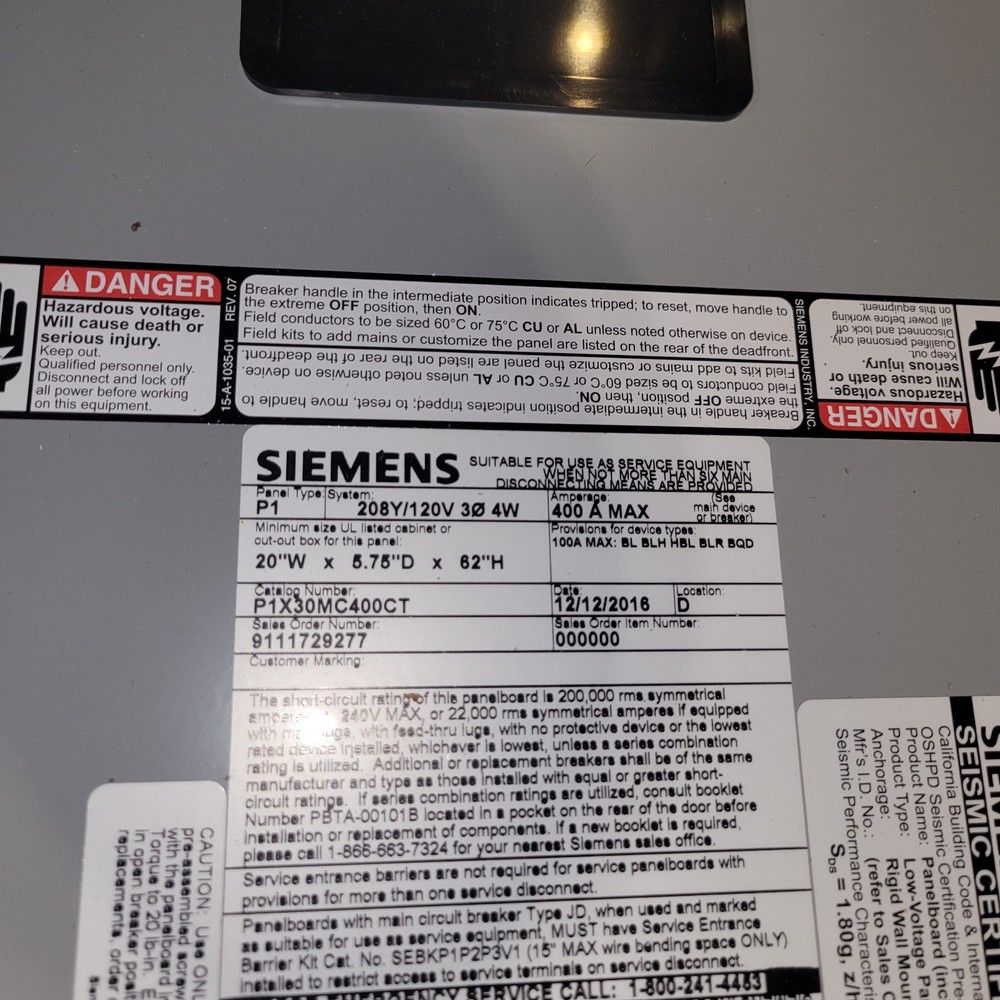 Siemens P1X30MC400CT 400A 208Y/120V Panel Board Interior Breakers Included
