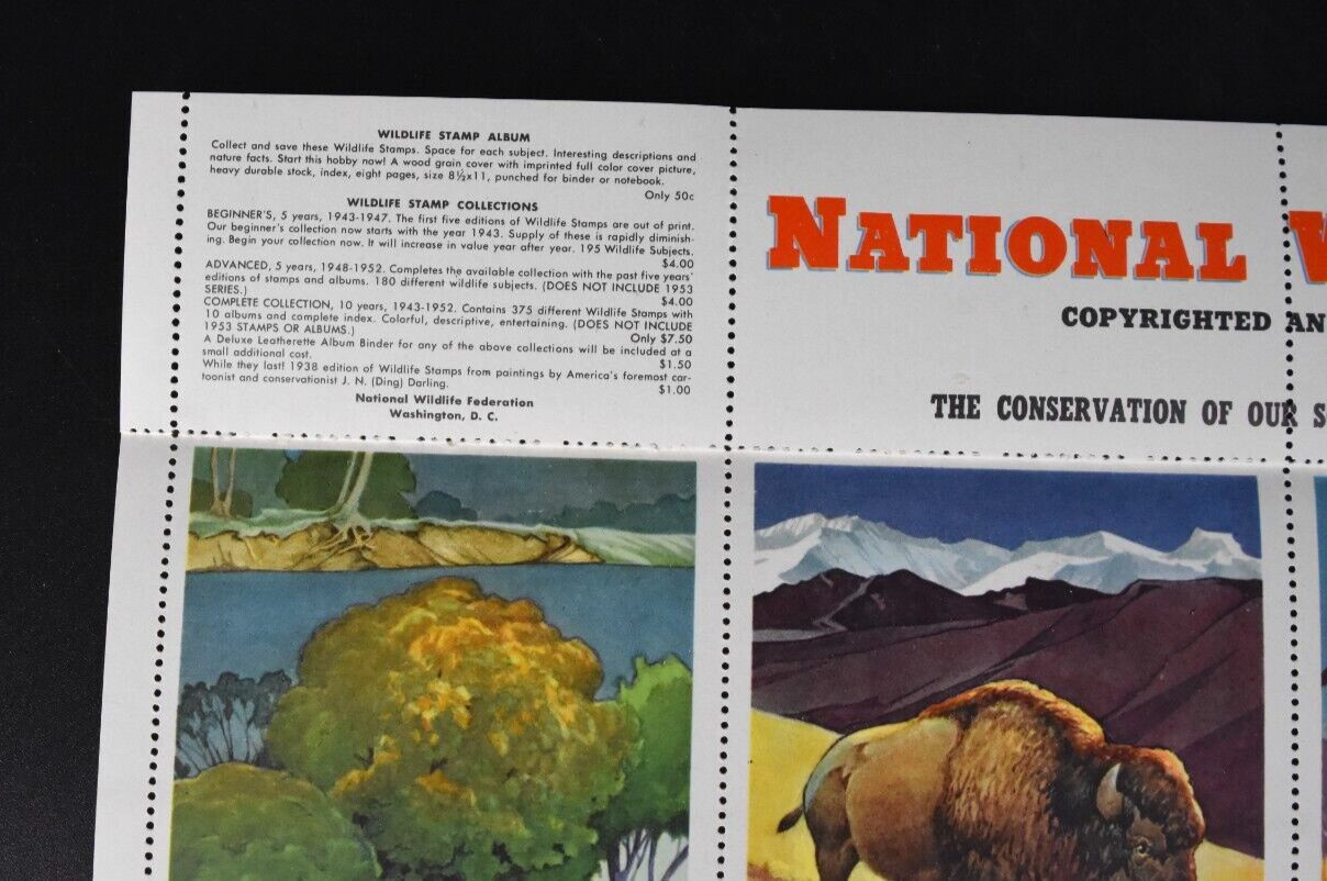 VTG 1953 National Wildlife Conservation Stamps Full Sheet Endangered Animals