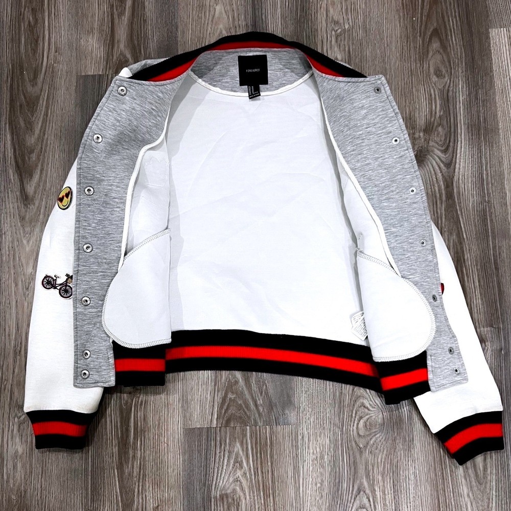 Crafted Forever 21 Womens Patch Varsity Bomber Jacket Grey White Snap Front M