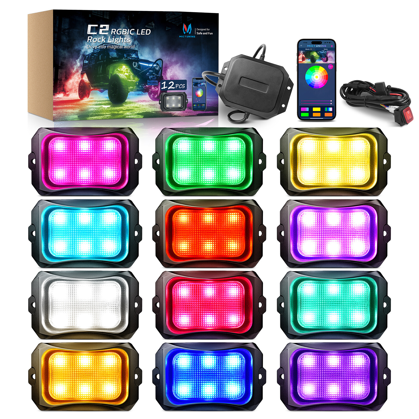 MICTUNING C2 Max RGB+IC LED Rock Lights, Upgrade 12 Pods Chasing Neon Lights Kit