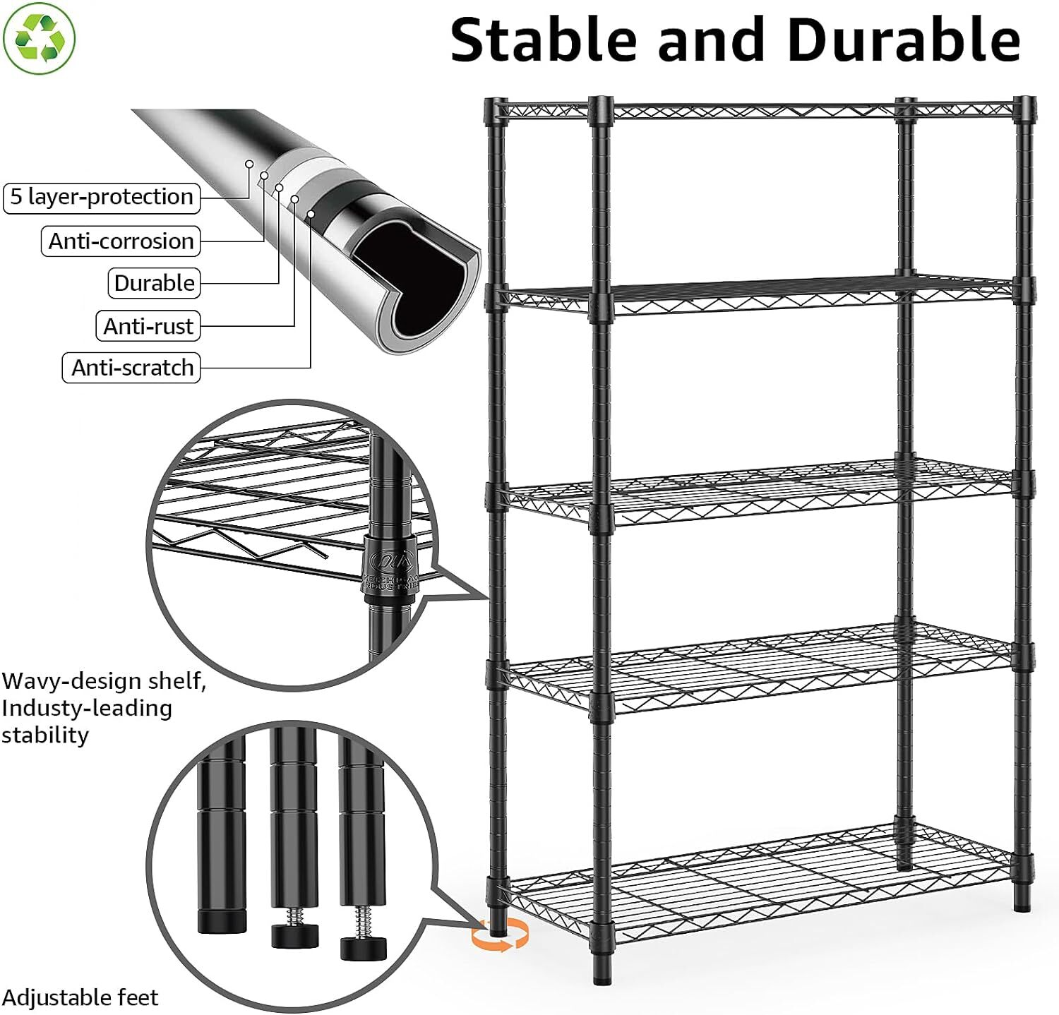 5 Tier Wire Storage Shelf Adjustable Heavy Duty Garage Shelving Kitchen Rack 63"