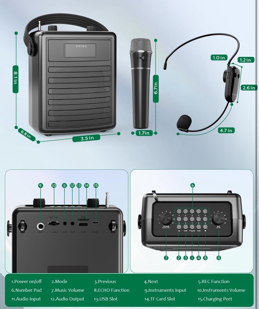 Voice Amplifier with Wireless UHF Microphone, Professional Portable Bluetooth