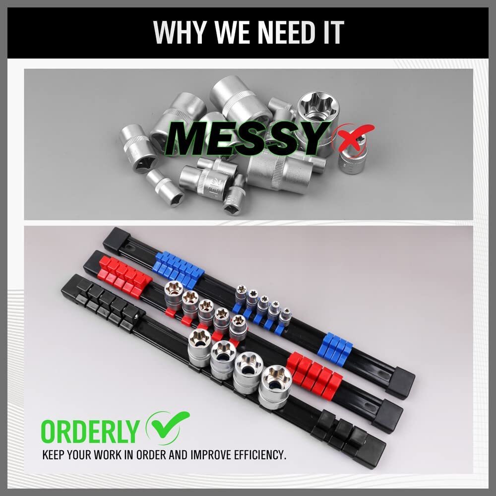 9pc Mountable Socket Organizer Rail Rack for 1/4, 3/8, 1/2 Drive Tools