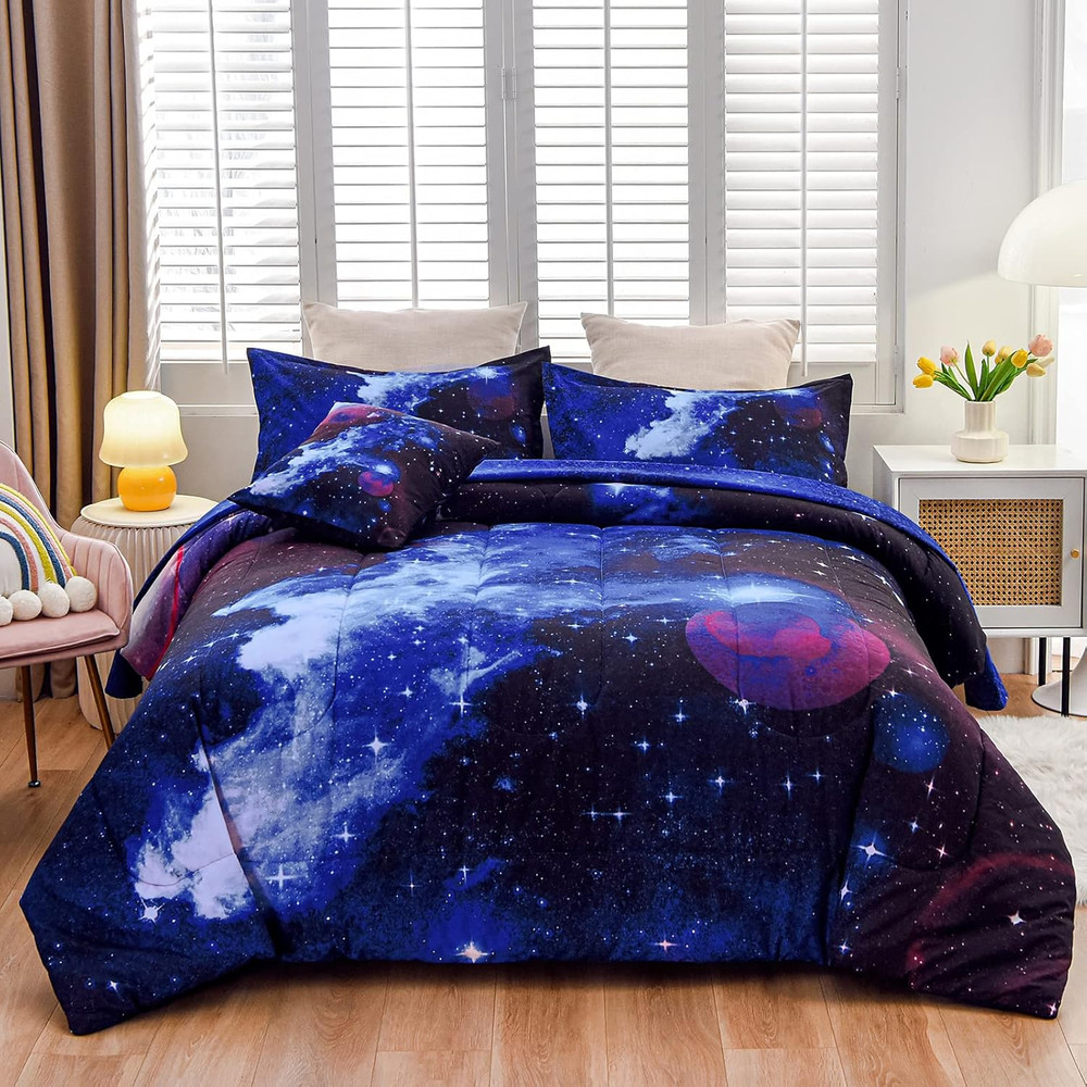 Galaxy 6Pcs Bedding Sets Outer Space Comforter Bed in a Bag 3D Printed Quilt,For