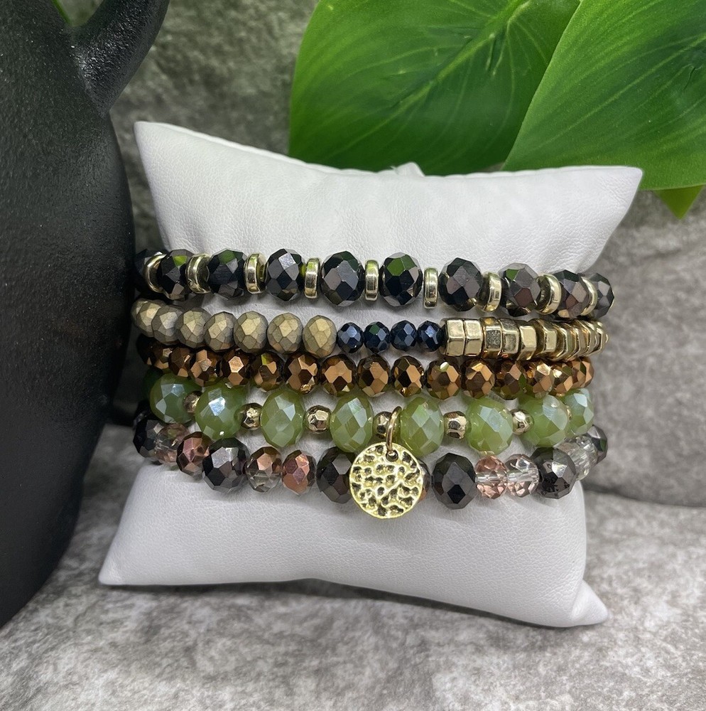 5 PC Handmade Boho Beaded Stackable 6.25” Plus Stretch Bracelet Set New B1148