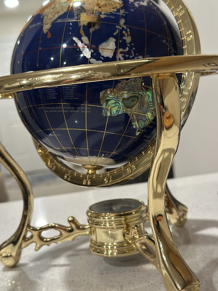 Blue Lapis Rotating Globe Precious Inlaid Stone Solid Brass w/ Compass