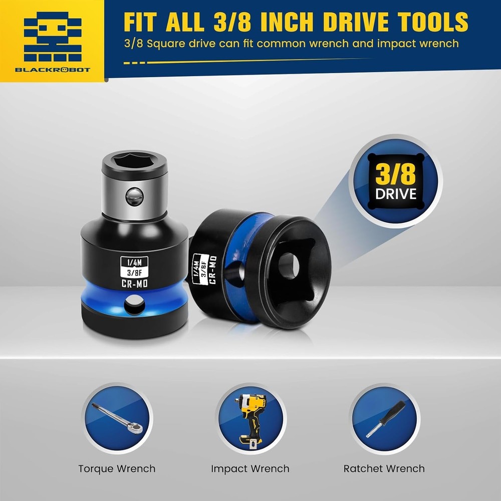 BLACKROBOT 3/8" Drive to 1/4" Hex Adapter 2pc