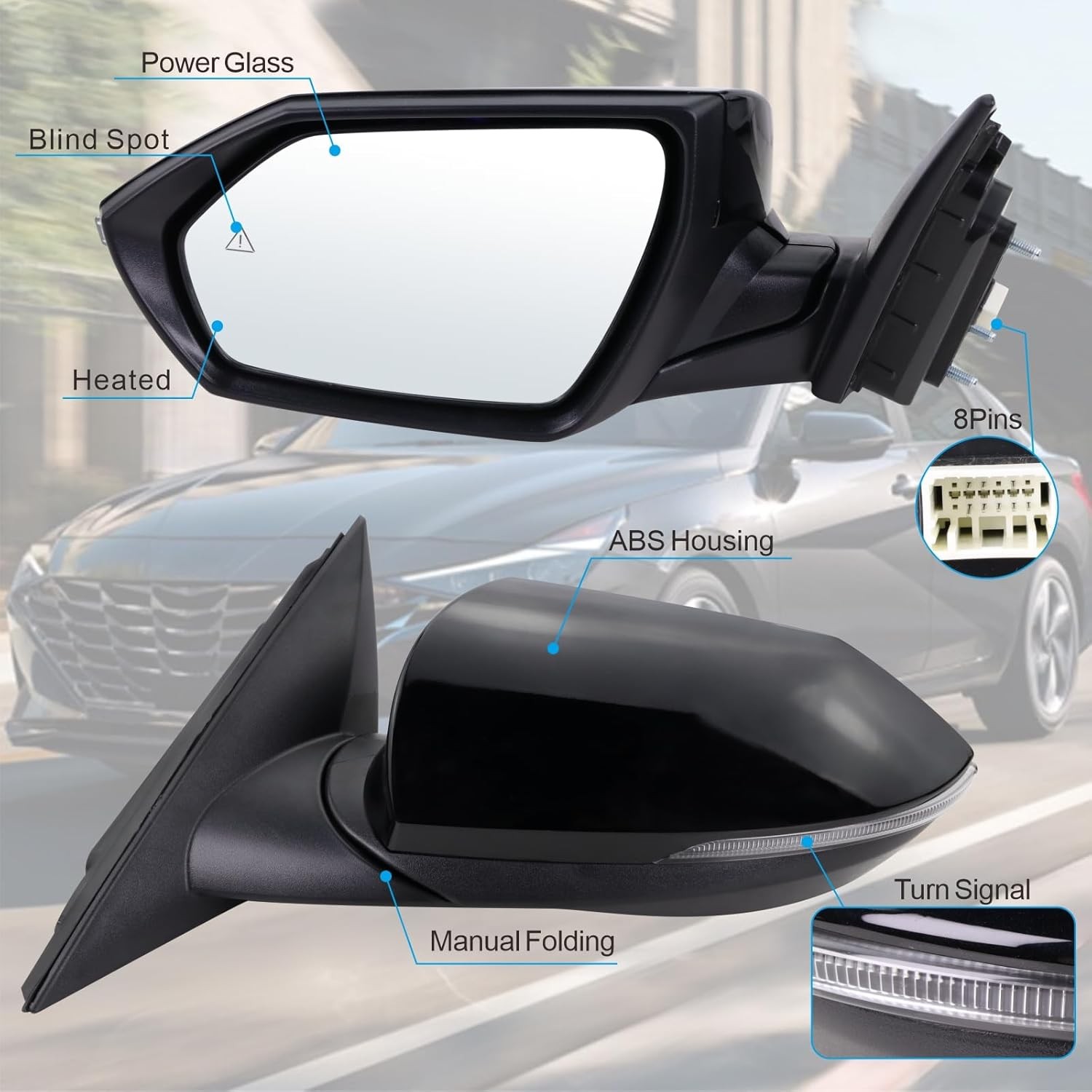 Left Driver Side Mirror for 2021-2025 Hyundai Elantra Manual Power Heated Black