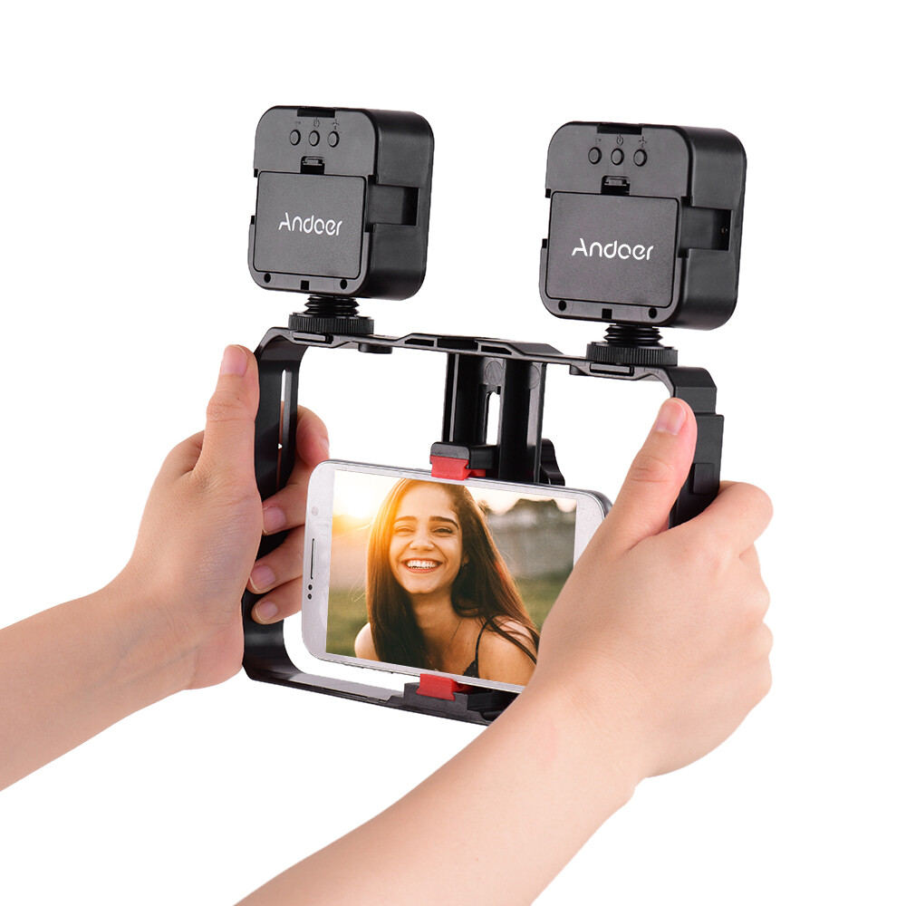 Andoer Mini  Video Light Lamp+Handheld Smartphone Bracket Stabilizer Kit S2F2