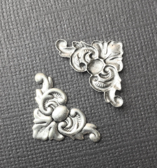 23444 2 Pc. Matte Silver Oxidized Victorian Corner Brass Finding