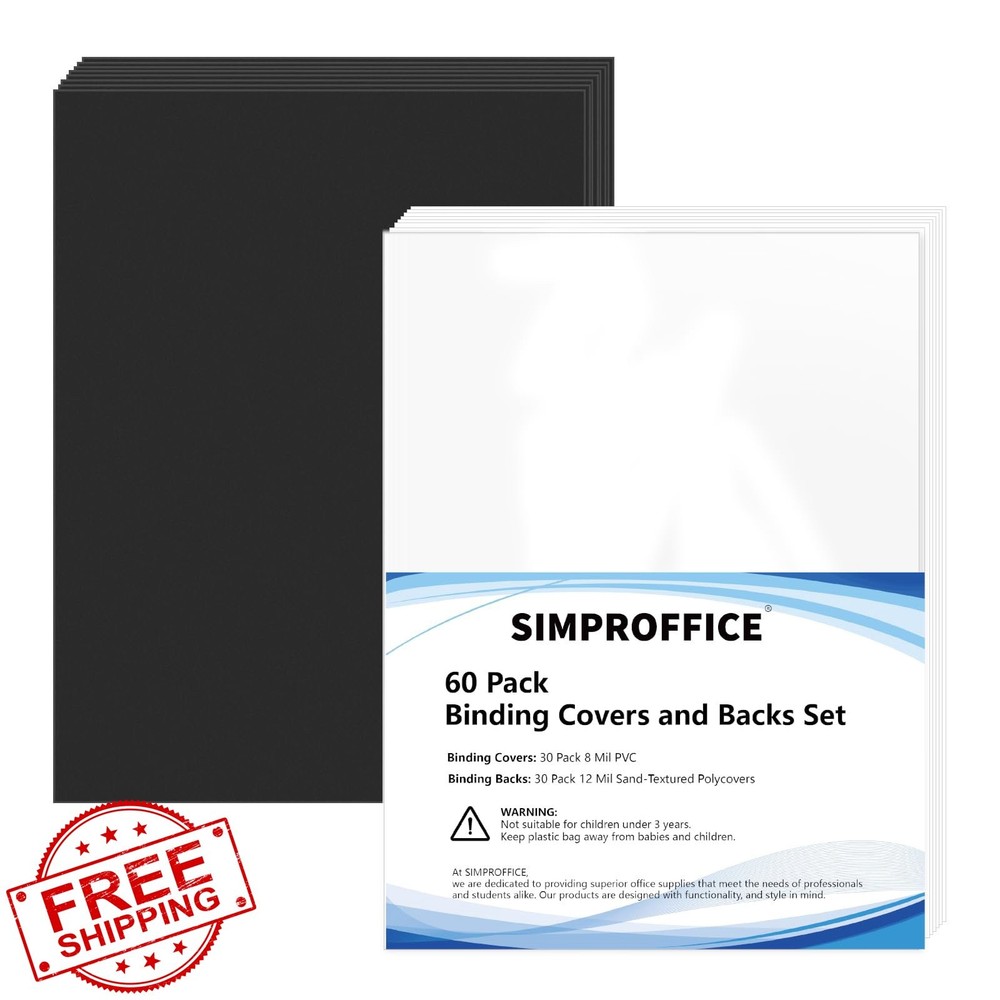 SIMPROFFICE 60 Pack Binding Covers 8.5x11 Clear PVC Black Poly Presentation