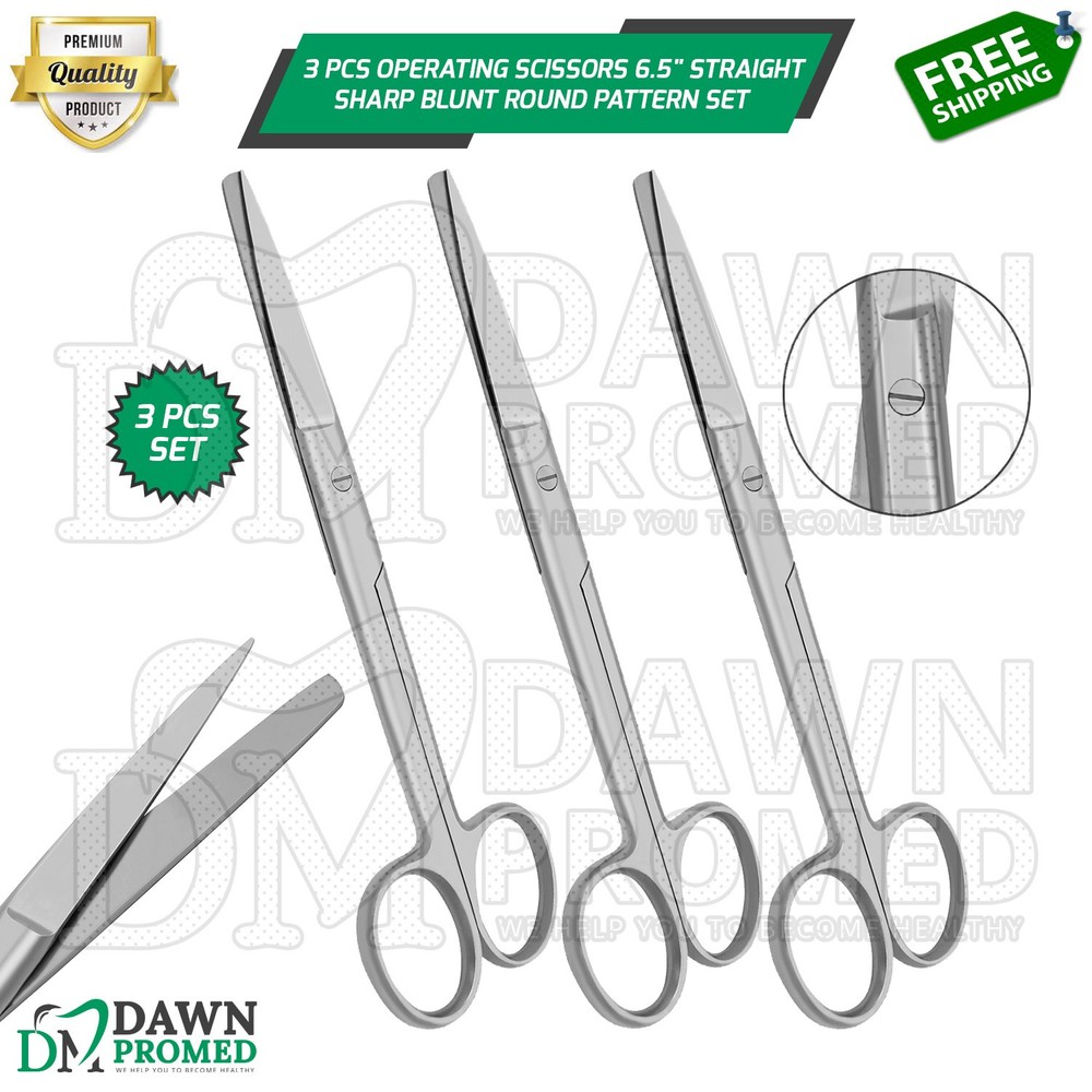 3 Pcs Operating Scissors 6.5" Straight Sharp Blunt Round Pattern Surgical Set