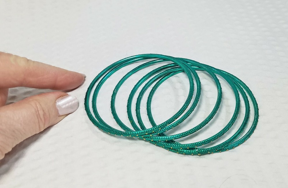 Set of 6 Boho Ultra Thin Peacock Green Teal Stackable Metallic Bangle Bracelets