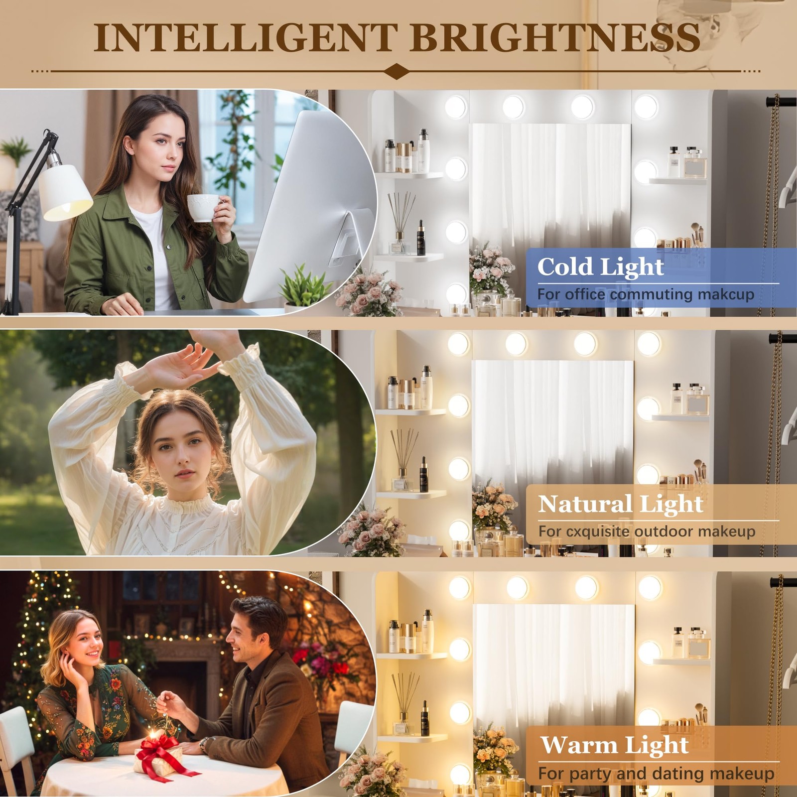 Furmax Makeup Vanity Desk w/ Mirror, Power Outlet, 3-Color LED Lights & Bench