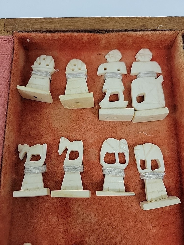 Inlaid Handcarved Bone Chess Set With Board Missing Knight Replaced With Bone