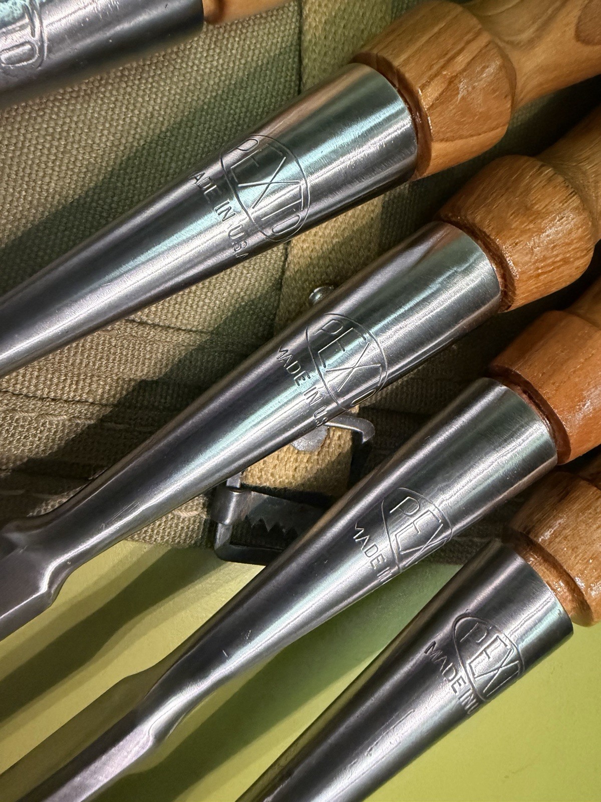 SUPERB 6-pc Set PEXTO vtg Socket Chisels w/MATCHING Handles & CANVAS TOOL ROLLUP