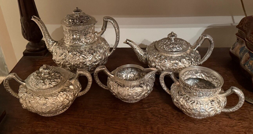 Rare American Quadruple Plate Repousse Five Piece Tea Set