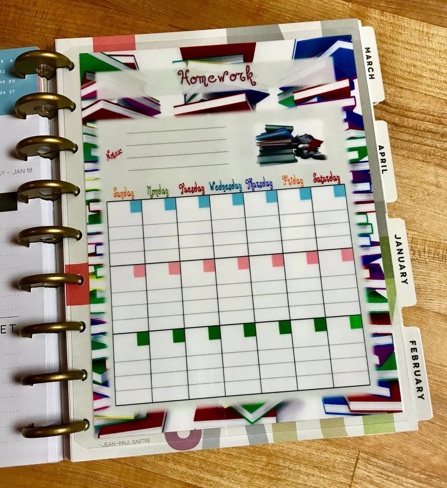 Monthly Homework Planner 2 Sided Dashboard Insert for use with HAPPY Planner